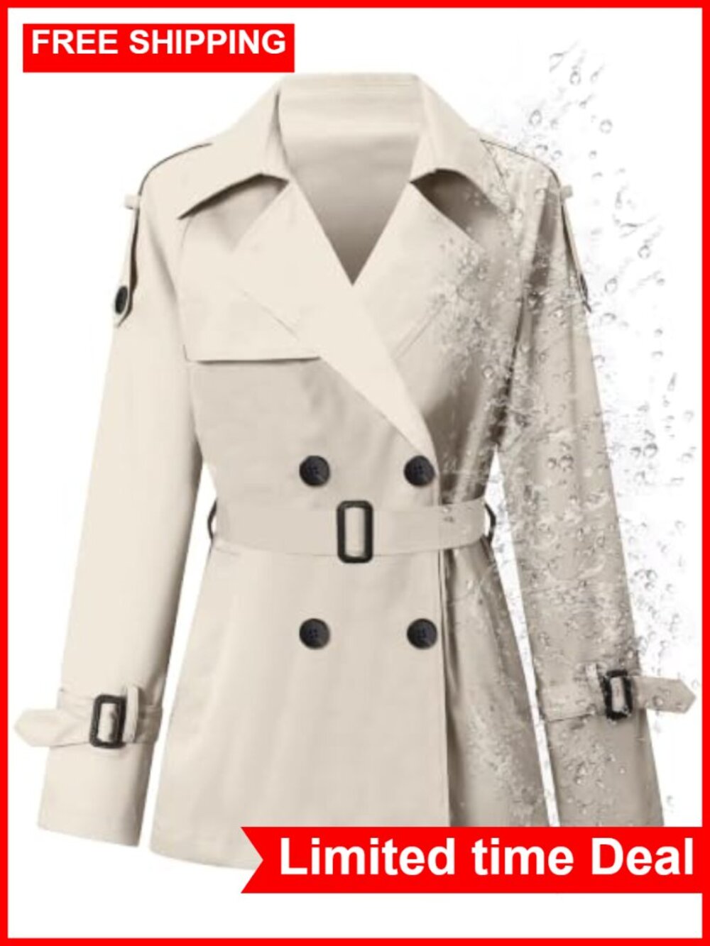 Water-Repellent Double Breasted Belted Short Trench Coat
